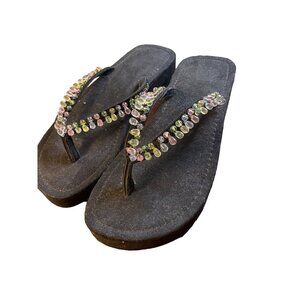 Black Multicolor Beaded Platform Thong Flip Flop Slip On Shoes Sz XL